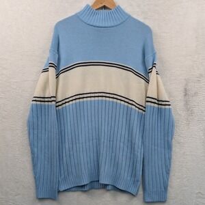 VTG Exco Jeans Sweater Men's XL Blue Striped Mock Neck Oversized Streetwear Y2K